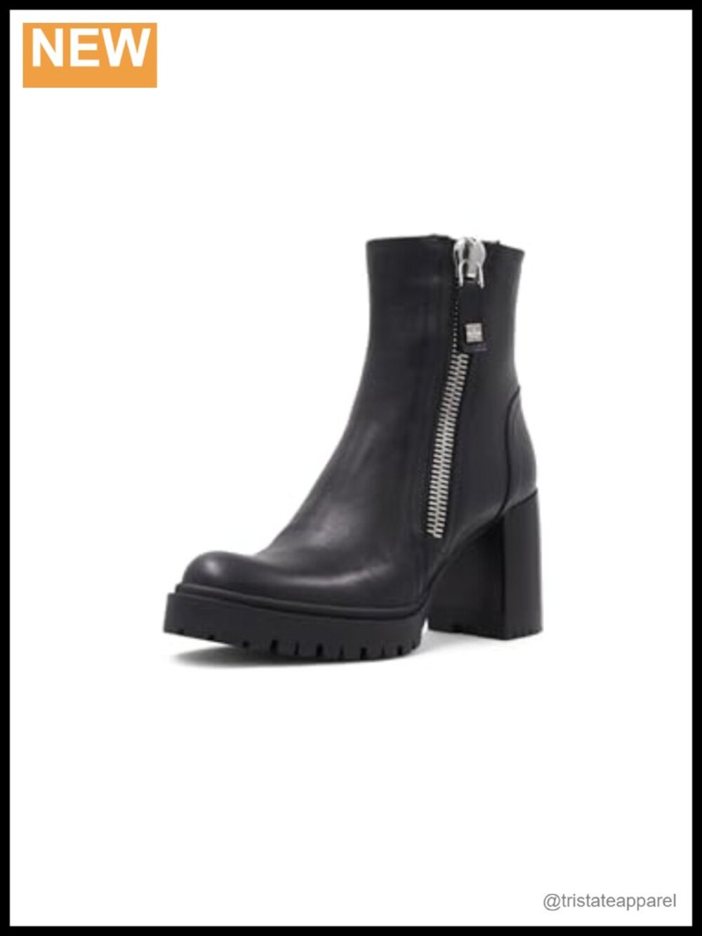 Leather Ankle Bootie with Block Heel, Lug Sole, Inside & Outside Zipper,